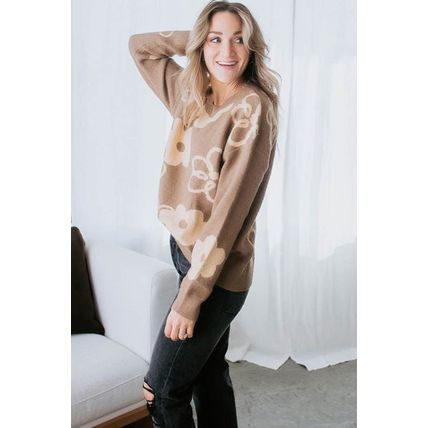 Camel Floral Drop Shoulder Ribbed Trim Sweater