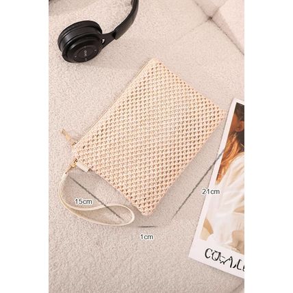 Beige Woven Zipper Wrist Strap Square Handbag