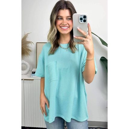 Turquoise Corded Knit Pocketed Loose Fit T Shirt