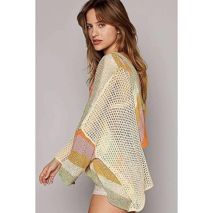 Beige Oversized Colorblock V Neck Hooded Sweater