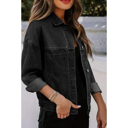 Black Washed Oversize Pocketed Denim Jacket