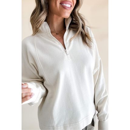 White Zipped Neck Pullover Drop Shoulder Sweatshirt