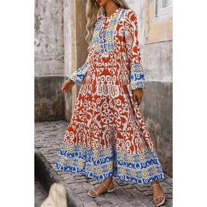 Orange Boho Geometric Printed Long Sleeve Maxi Dress