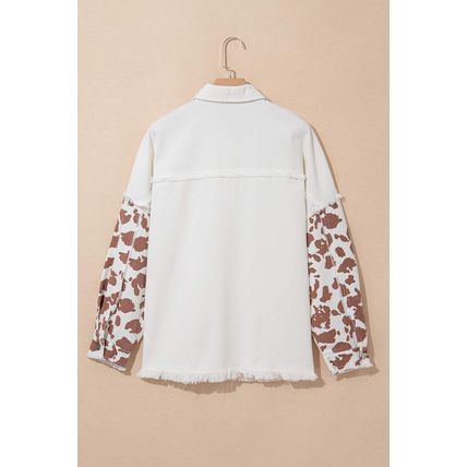 White Cow Spot Patchwork Flap Pocket Distressed Hem Long Denim Jacket