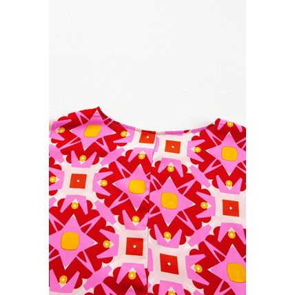 Strawberry Pink Geometric Print Shirred Cuff 3/4 Sleeve Loose Blouse