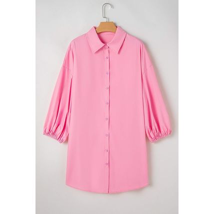 Bright Pink Balloon Sleeve Button Up Mini Shirt Dress