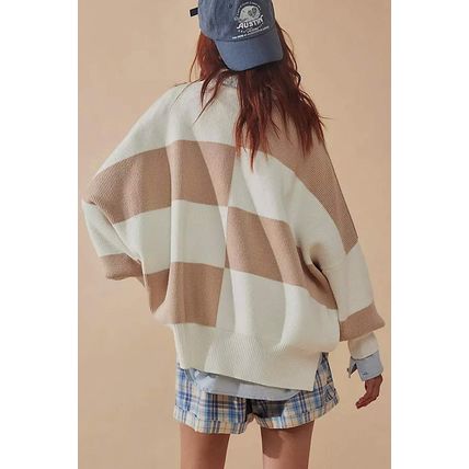 Khaki Checkered Side Slits Drop Shoulder Oversized Sweater