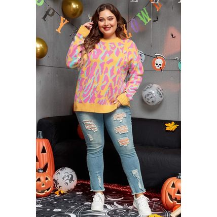 Bright Pink Plus Size Leopard Ribbed Trim Sweater