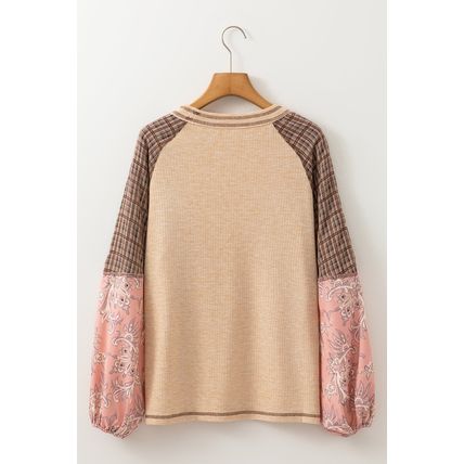 Jet Stream Mixed Print Raglan Sleeve Ribbed Knit Patchwork Blouse