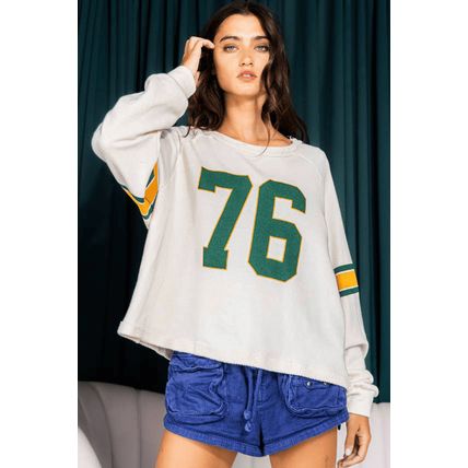 White Number 76 Printed Retro Sporty Long Sleeve Top
