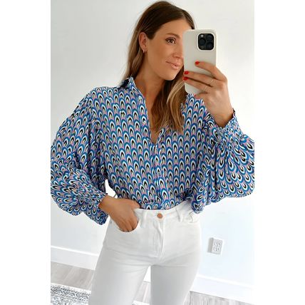 Sky Blue Abstract Print Shirred Cuff Buttoned Oversized Shirt