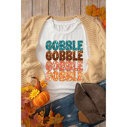 White Heat Transfer GOBBLE Graphic Crewneck Thanksgiving T Shirt