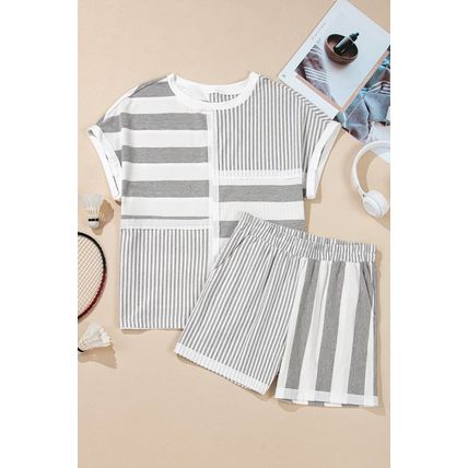 Gray Stripe Mixed Print Short Sleeve Top and Pocketed Shorts Set