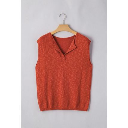 Orange Solid Color Split V Neck Short Sleeve Sweater