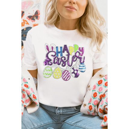White Happy Easter Sequin Patched Casual Tee