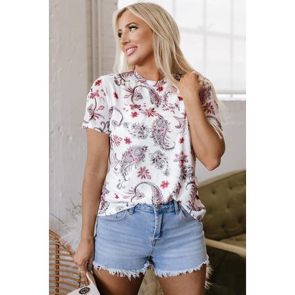 White Vintage Paisley Mock Neck T Shirt