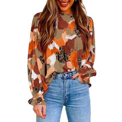 Orange Multicolor Abstract Printed Long Sleeve Blouse