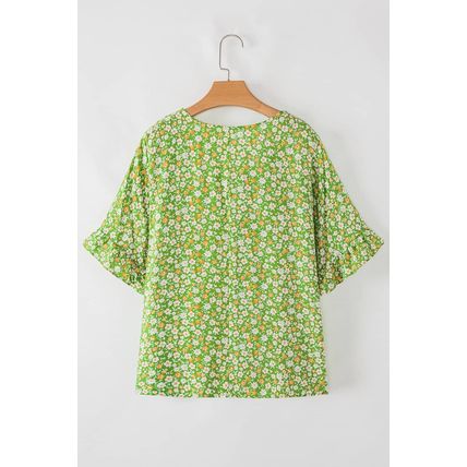 Green Floral Print Ruffle Sleeve V Neck Blouse Top