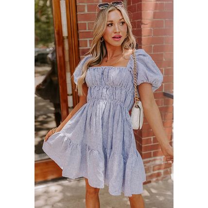 Sky Blue Stripe Bubble Sleeve Square Neck Ruched Pocketed Babydoll Dress