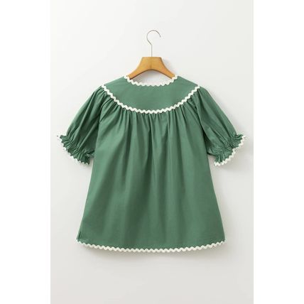 Mist Green Ric Rac Trim Tie Split Neck Short Sleeve Blouse