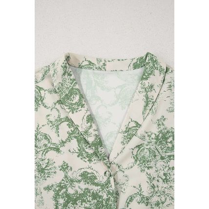 Green Landscape Print Tied 3/4 Sleeve Shirt with Sash