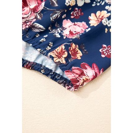 Blue Floral Short Sleeve Scoop Neck Casual Blouse