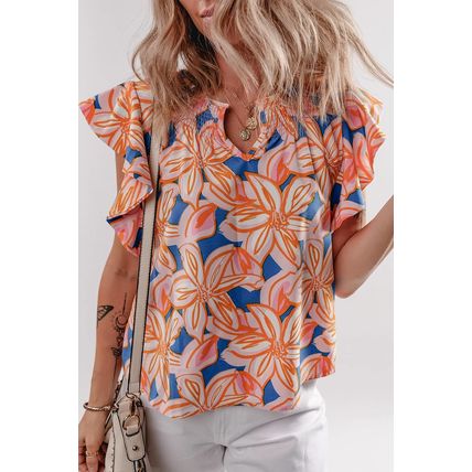 Orange Summer Flower Print Notched Neck Ruffle Sleeve Blouse
