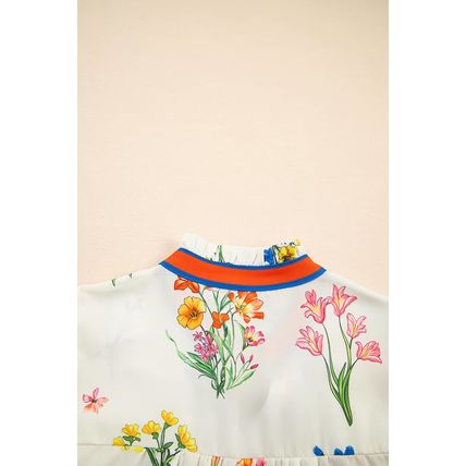 White Floral Short Puff Sleeve Contrast V Neck Print Blouse
