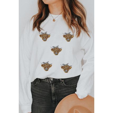 White Sequin Heifer Patched Drop Shoulder Sweatshirt