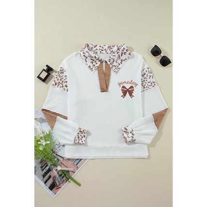 White game day Rugby Bow Embroidered Graphic Leopard Collar Color Block Patchwor