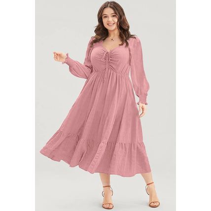 Pink Lace-up Ruched Front Long Sleeve Ruffle Hem Plus Size Midi Dress