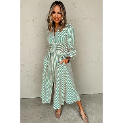 Green Stripe V Neck Zip Front Cinched High Waist Midi Dress