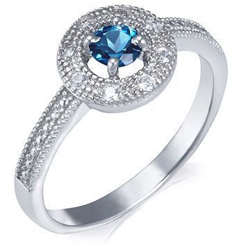 1/3 Carat Round London Blue Topaz Sterling Silver Halo Ring Size 6