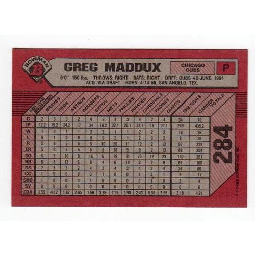 1989 Bowman Greg Maddux baseball card #284 – HOF - Cubs