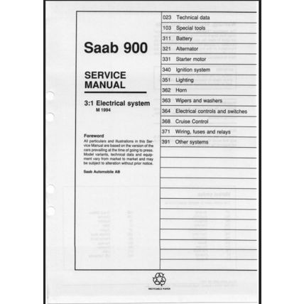Saab 900 Electrical System Workshop Manual 1994 199321103 PDF