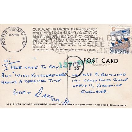 M.S.River Rouge Winnipeg Canada Postcard posted 1976 crease