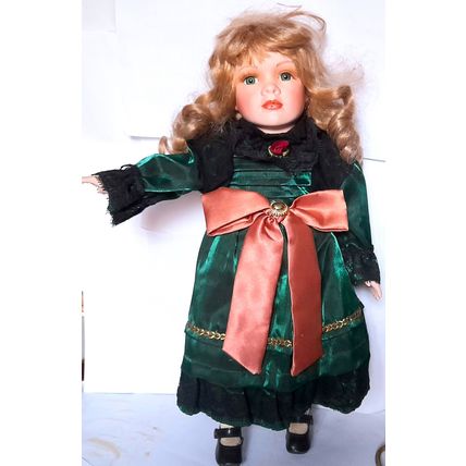 LEONARDO PORCELAIN DOLL - EMERALD GREEN SATIN DRESS - 43 cm tall - VERY GOOD