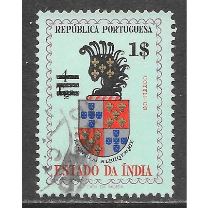 PORTUGAL PORTUGUESE INDIA 1959 SURCHARGE COAT OF ARMS 1$ USED