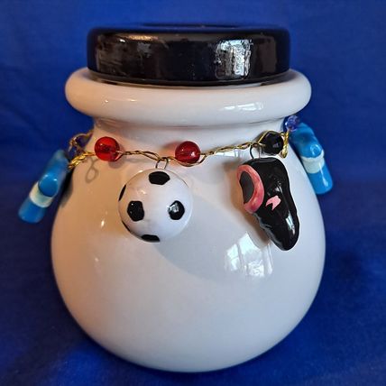 White Ceramic SOCCER STASH BANK Ball Savings Pot MONEY Jar CHARMS