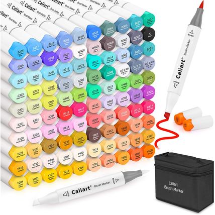 Caliart 101 Colors Brush & Chisel Alcohol Markers for Adult Coloring Book, Dual