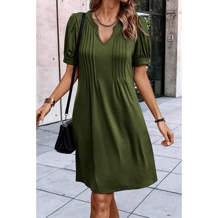 Fern Green Notched Neck Pleated Puff Sleeve Shift T-shirt Dress