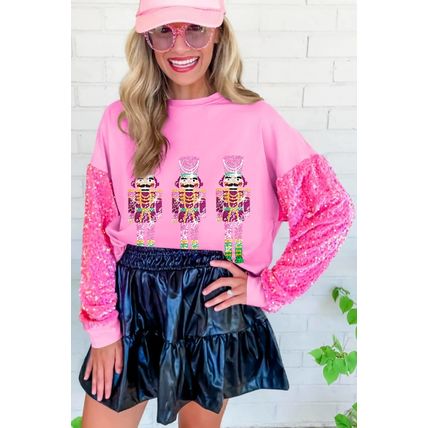 Pink Christmas Nutcracker Graphic Sequin Sleeve Sweatshirt