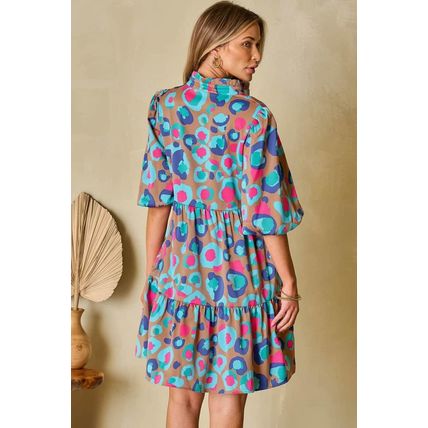 Green Leopard Print Bubble Sleeve Slit Neck Ruffled Dress