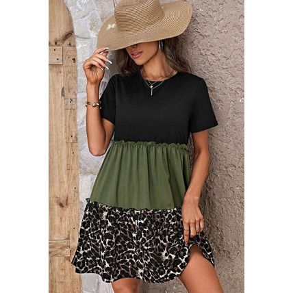 Jungle Green Leopard Print Colorblock Frill Trim T-shirt Dress