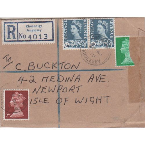 GB 1968 front Registered post with 2 x Welsh Regional 1s6d & Anglesey pm