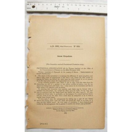1882 Patent No. 859 Screw Propellors, Thomas Lambert, Plymouth