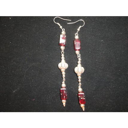 Exceptional red and silver colour long drop crystal glass earrings