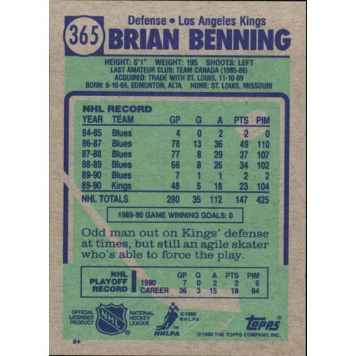 1990/91 Topps Hockey Brian Benning