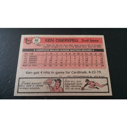 1981 Topps Card # 032 Ken Oberkfell Good (2) St Louis Cardinals