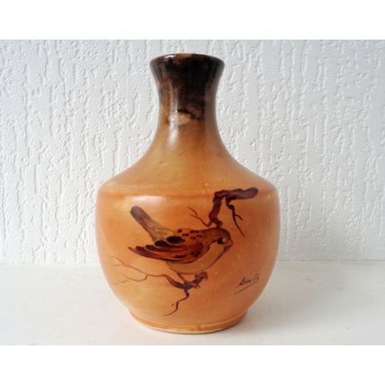 Pottery vase sparrow on branch signed Arnaldo 14.5 cm high